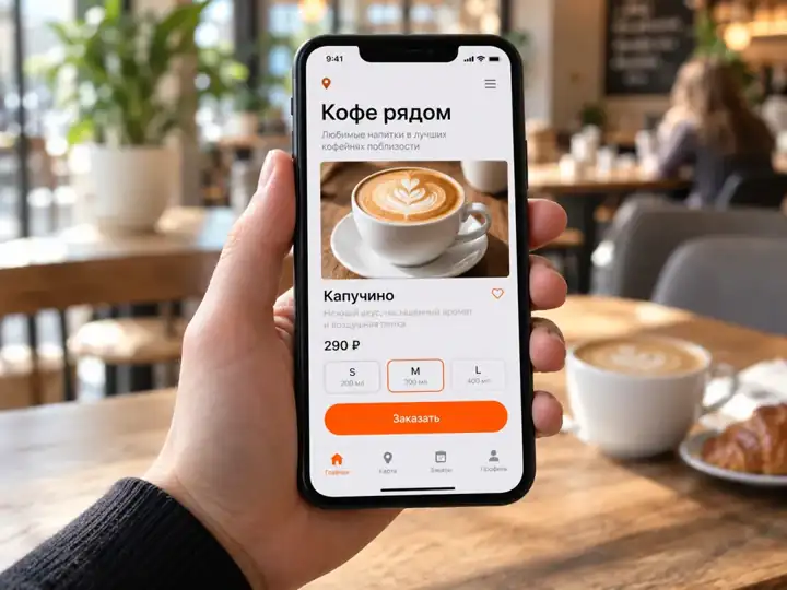 Телефон с концептом приложения кофейни для заказа кофе